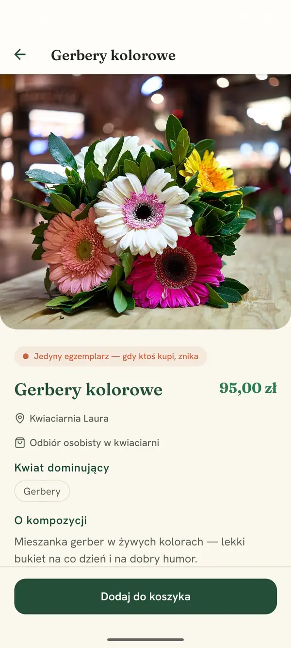 Karta bukietu „Gerbery kolorowe” ze zdjęciem, ceną 95,00 zł i nazwą kwiaciarni