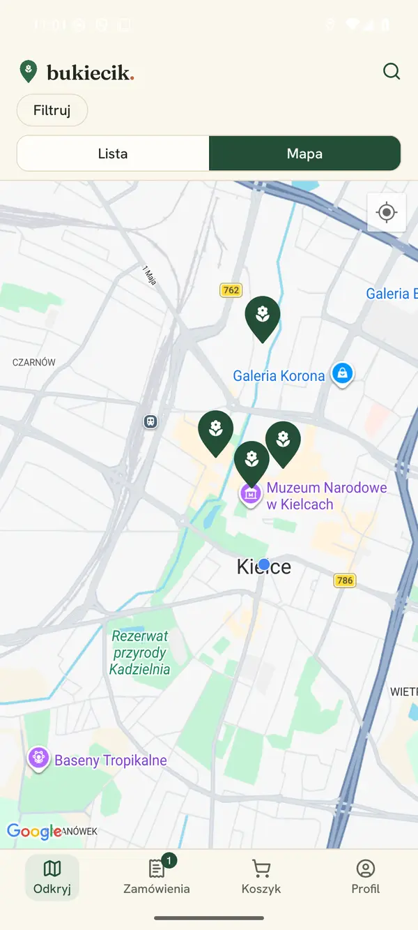 Mapa Kielc w aplikacji z pinezkami kwiaciarni otwartych w pobliżu