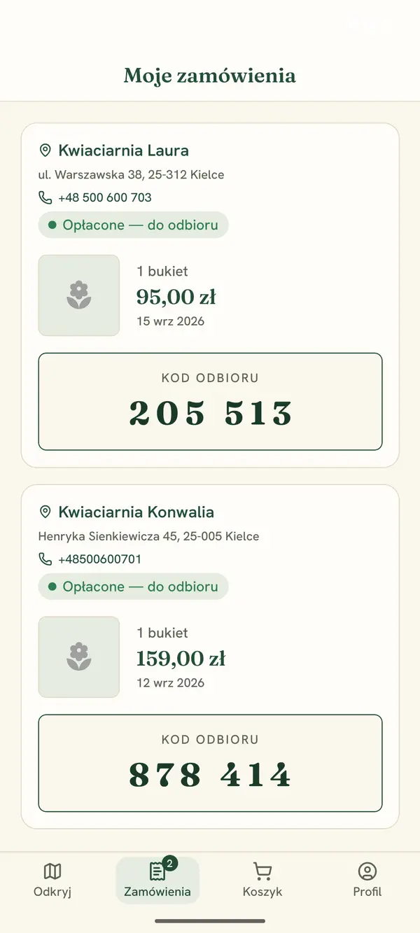 Lista zamówień z adresem kwiaciarni i sześciocyfrowym kodem odbioru