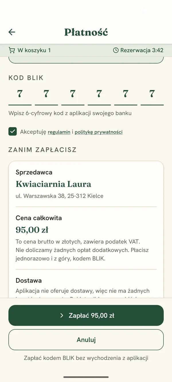 Ekran płatności z polem na kod BLIK, danymi sprzedawcy i ceną całkowitą